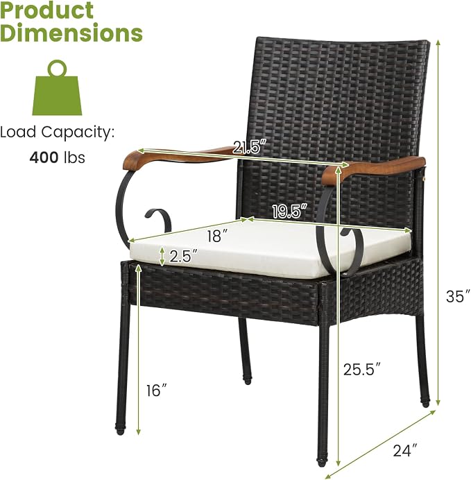 Tangkula 7-Piece Outdoor Dining Set with Acacia Wood Table & 6 Wicker Rattan Armrest Chairs, Detachable Cushions, Umbrella Hole, All-Weather Patio Conversation Furniture Set for Garden Deck Poolside