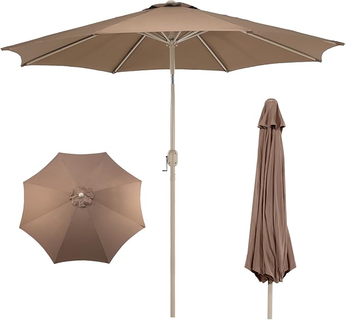 BPS 9FT Outdoor Patio Umbrella, Outdoor Market Table Umbrella with 8 Sturdy Ribs, Push Button Tilt and Crank for Garden, Deck, Backyard, Poolside