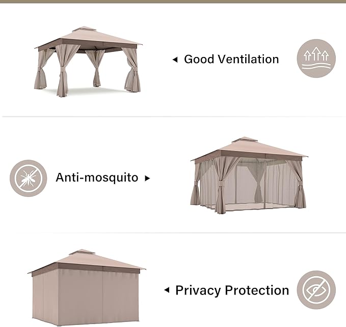 LAUSAINT HOME 12'x12' Outdoor Gazebo, Metal Frame Heavy Duty Patio Canopy Tent Shelter with Double Roofs, Mosquito Nettings and Privacy Screens for Backyard, Garden, Lawn, Khaki