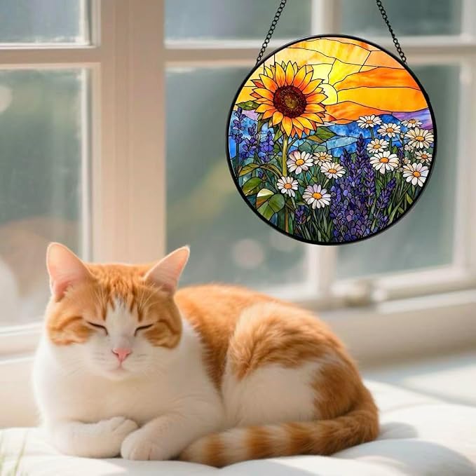 Stained Glass Window Hanging - Sunflowers, Daisies, Lavender and Sunset 6.3 Inches Suncatcher for Garden Home Decor for Women Mom Grandma Friends