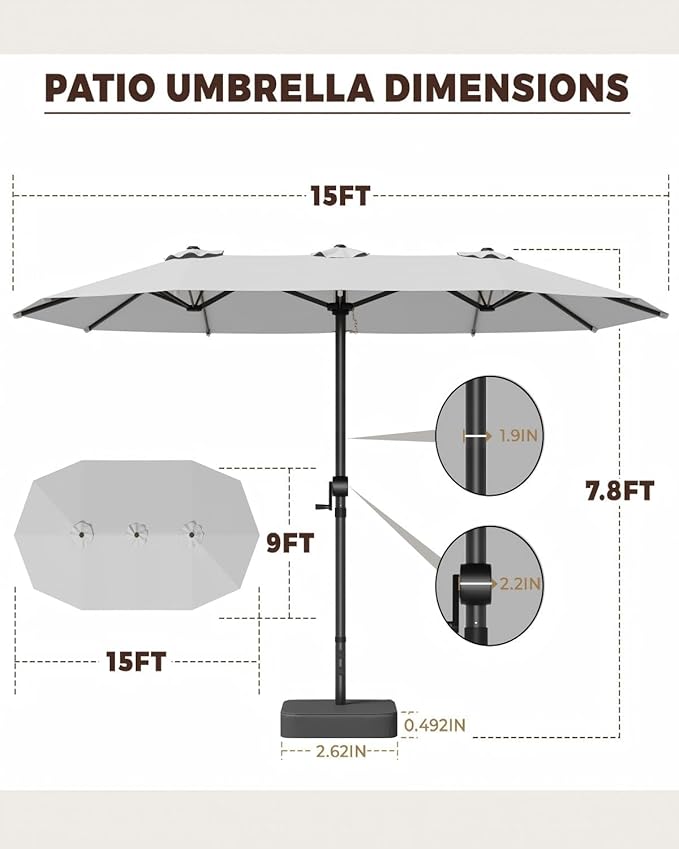 GDPFN 15FT Large Patio Umbrella with Base Included, Outdoor Deck Standing Umbrella with Crank Handle, Double-Side Rectangular Pool Umbrella for Outside, Market, Patio, Light Gray