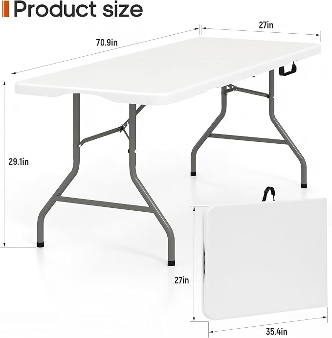 Fenbeli 8FT Folding Table, 350 LBS Heavy Duty with 18% Thicker HDPE Waterproof Top, Fold in Half Portable Table with Carry Handle & Safety Locks, Steel Frame for Indoor Outdoor Party Events