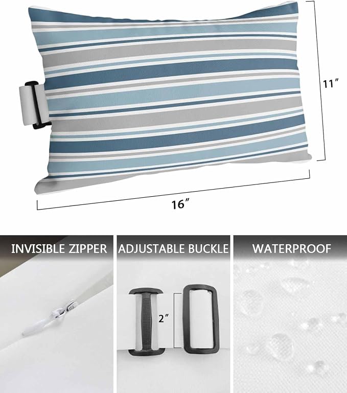 Pack of 4 Outdoor Lumbar Pillow Covers 11x16 Inch, Blue Grey Striped Waterproof Throw Pillow Covers Set, Farmhouse Stripes Modern Abstract Art Outside Decorative Cushion Cases for Patio Porch Car
