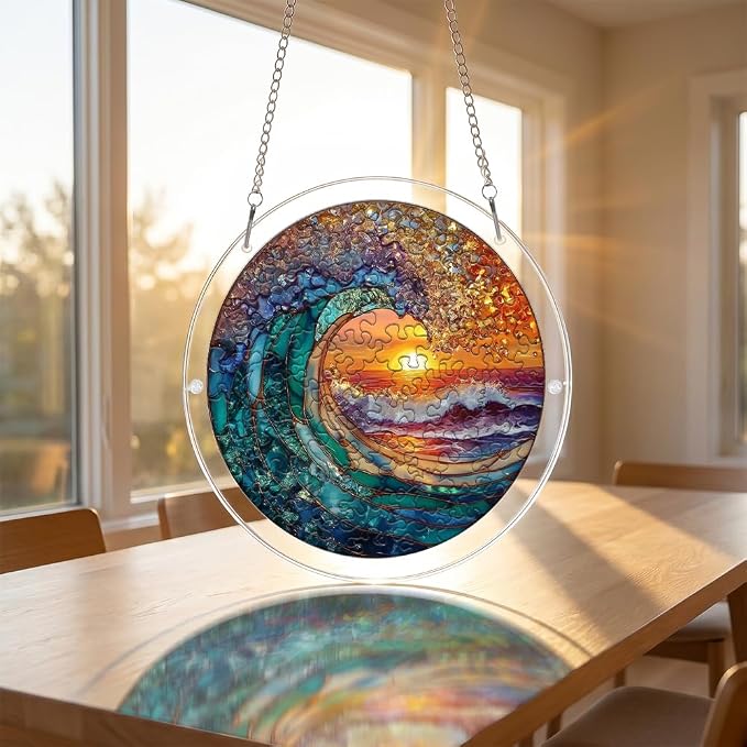 Acrylic Puzzle Suncatcher, Ocean and Sun Stained Glass Window Hanging, Sun Catcher Puzzle Kit Home Garden Decor, Creative Mothers Day and Birthdays Gifts for Mom, Wife, Sisters, 7.87 inch