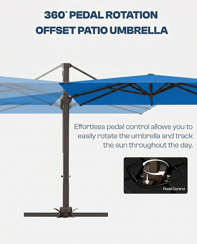 10'×10' Patio Umbrella, Aluminum Cantilever Umbrella with 360°Rotation, Offset Patio Umbrella with Easy Tilt Fade Resistance for Pool Deck Backyard, Royal Blue (Base not Included)