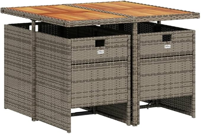 5 Piece Garden Dining Set with Cushions Grey Poly Rattan Outdoor Patio Furniture Space Saving Foldable Chair Acacia Wood Table UV Resistant