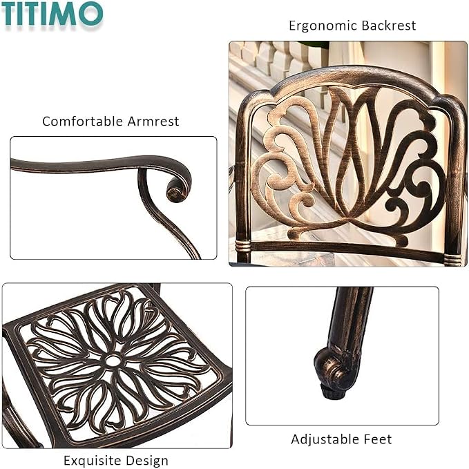 TITIMO 7-Piece Cast Aluminum Patio Furniture Set, Outdoor Patio Dining Set Bistro Conversation Set, All-Weather Rectangular Table w/Umbrella Hole (Bronze-Fixed Elizabeth Chair, 7 Pcs)