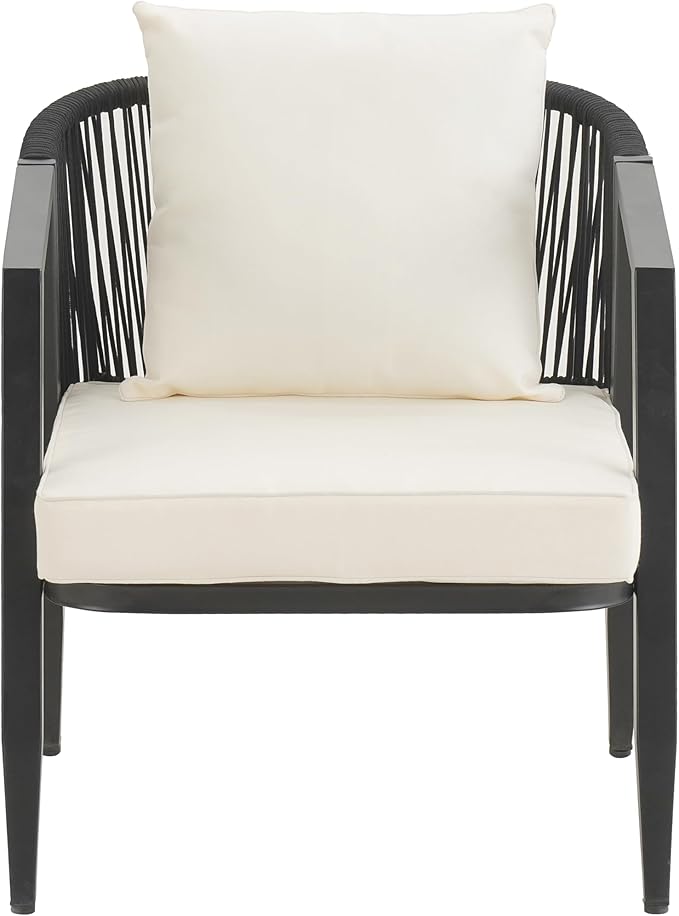 GDFStudio Aoxwe 4 Piece Outdoor Conversation Set, Rope Woven Club Chairs, Woven Open Back Loveseat, Slats Panel Design Coffee Table, Iron Frame Sectional Conversation Set for Poolside, Beige