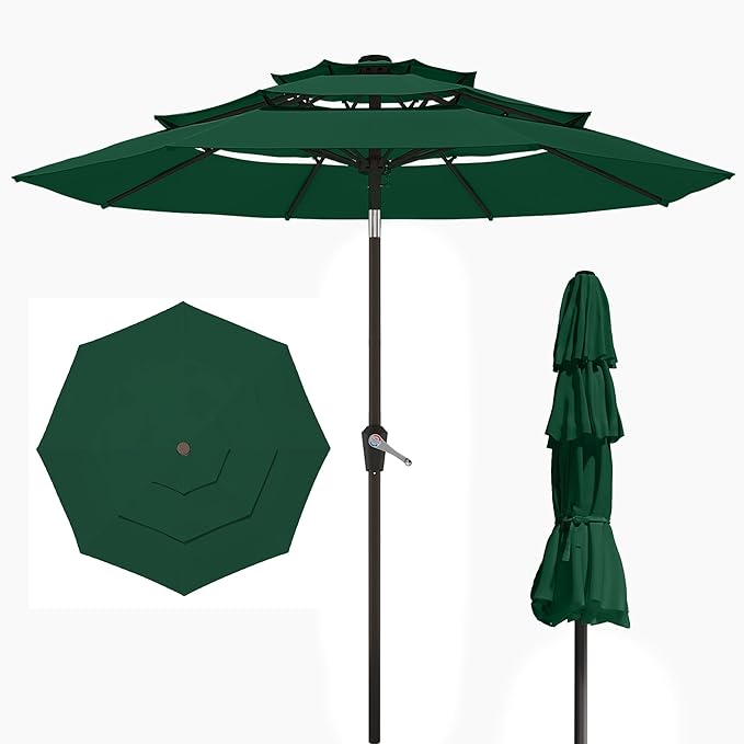 PatioKingdom 9ft 3-Tier Patio Market Umbrella with Crank/Tilt, Commercial Heavy Duty Wind Proof,Outdoor Table Umbrella with 8 Fiberglass Ribs,UPF50+ for Deck,Pool,Garden,Backyard (Dark Green)