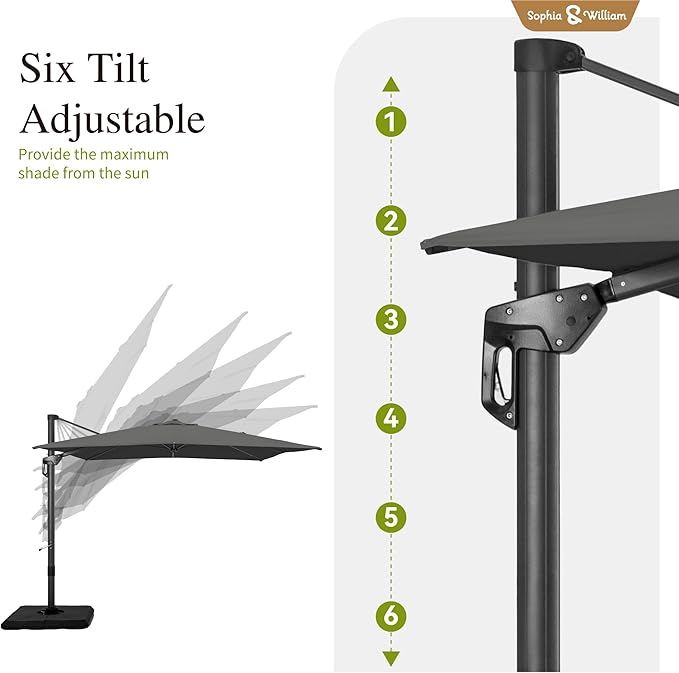 Sophia & William Cantilever Patio Umbrella 9x12ft, Large Outdoor Umbrellas with Crank Handle, 6-Level Tilt and 360° Rotation, Windproof Crashproof Design for Pool Garden Backyard with Base (Grey)