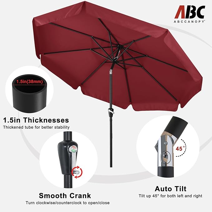 ABCCANOPY 7.5ft Scalloped Patio Umbrella, Outdoor Table Umbrella with Tilt and Crank, Fiberglass Ribs Deck Umbrella for Patio, Pool, Garden, Picnic (Wine Red)