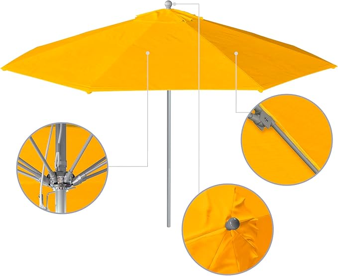 California Umbrella 11Ft Commercial Grade Sunbrella Fabric Market Umbrella, Pulley Lift, Aluminum/Fiberglass, 2mm pole wall, Silver Frame, Sunflower Yellow Fabric