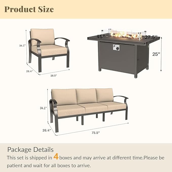 Aluminum Patio Furniture Set with 55,000 BTU Propane Fire Pit Table,5 Seats Metal Modern Outdoor Furniture w/5.1" Cushions,Patio Sectional for Backyard,Patio,Sand