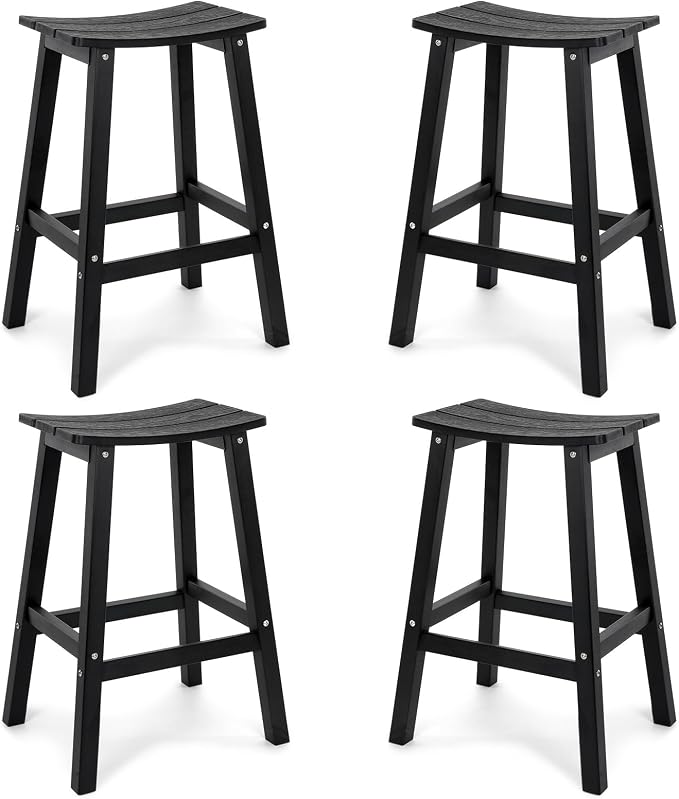 Weatherproof Bar Stools Set of 4, 28" Height Outdoor Bar Stools Holds up to 400 lbs, Saddle Seat, Bar Height Stools for Patio, Garden, and Kitchen Island, Black
