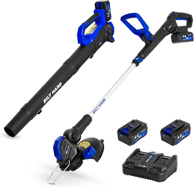 BILT HARD 20V Cordless Weed Wacker and Blower Combo, 12” Electric String Trimmer Edger with 2 x 4.0Ah Batteries and Dual Charger, Lightweight Leaf Blower for Lawn Care
