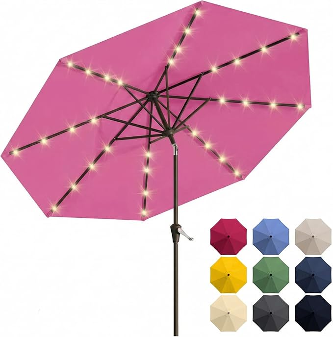 10FT Solar Patio Umbrella with Lights, Outdoor Table Market Umbrella with 32 LED Lights, 8 Sturdy Ribs, Push Button Tilt and Crank for Pool, Deck and Garden, UV-Resistant