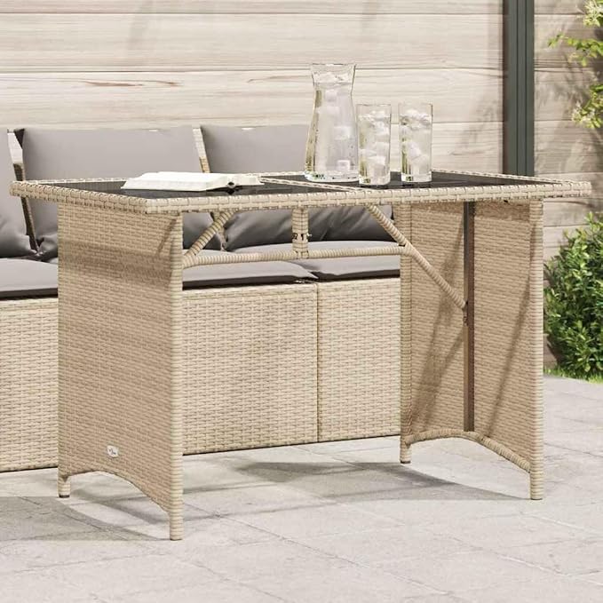 Modern Outdoor Dining Table with Tempered Glass Top and Beige PE Rattan Frame on Powder Coated Steel Base for Patio Garden, 43.3 Inch Long 26.8 Inch Wide