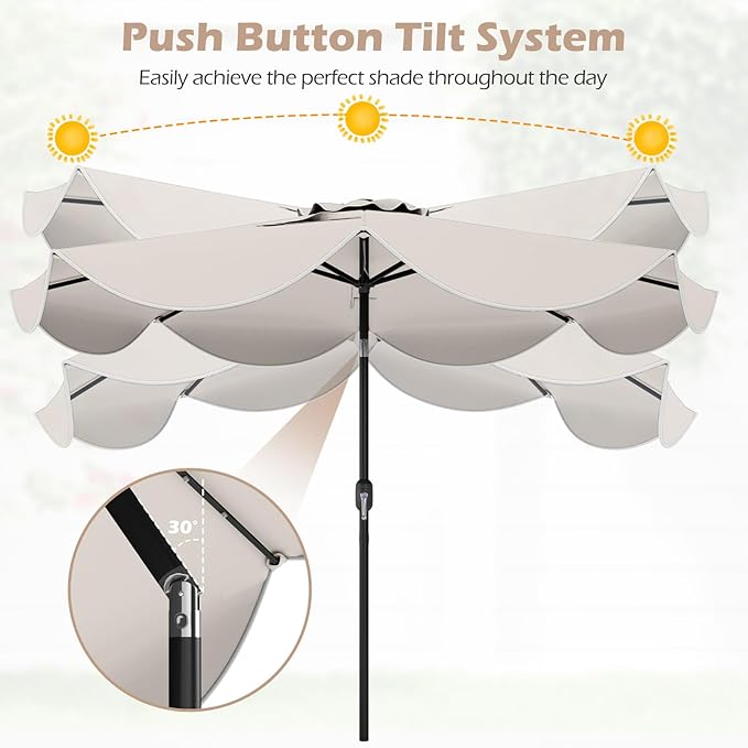 Tangkula 9 FT Solar Patio Umbrella, 2-Tiers Outdoor Scalloped Table Umbrella with 24 LED Lights, Tilt Adjustment, Crank, 8 Ribs for Market Backyard Pool Deck Beach Lawn