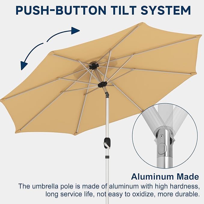 10FT Aluminum Outdoor Patio Umbrella, Fade-Resistant Market Umbrella with Push Button Tilt Function, 8 Sturdy All-Aluminum Ribs for Gardens, Patios, Backyards & Pools