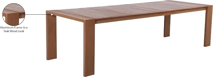 Meridian Furniture 362-T Maui Collection Modern | Contemporary Outdoor Patio Dining Table with Aluminum Frame in a Teak Wood Look, 108" W x 40" D x 30" H, Natural