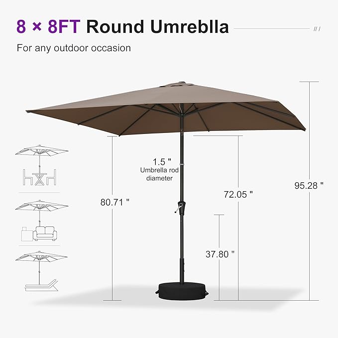 PURPLE LEAF 8' x 8' Square Patio Umbrella Outdoor Table Umbrella Aluminum Frame Market Umbrella with 8 Sturdy Ribs & Tilt for Garden Deck Lawn Pool Taupe