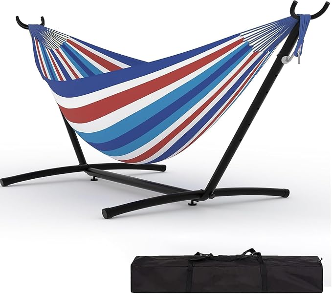 Double Hammock with Steel Stand, Outdoor Portable Hammocks Accommodates with 450Lb Capacity 2 People& Portable Carry Bag for Outside Camping Garden Yard,Blue+Red