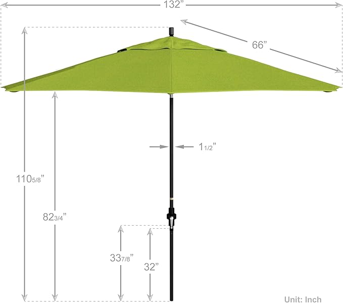 California Umbrella 11Ft Premium Sunbrella Patio Umbrella, Hand-Crank, Tilt-Collar, Black Frame, Macaw Fabric
