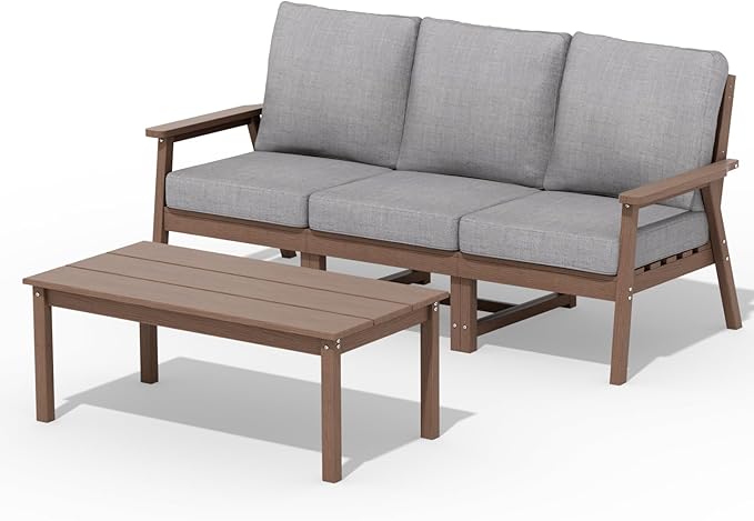 LOUNZY HDPE Outdoor Furinture Set, 4 Piece Sectional Sofa Outdoor Furniture Set, All Weather Outdoor Couch Set Patio Furniture Set for Deck, Lawn, Brown