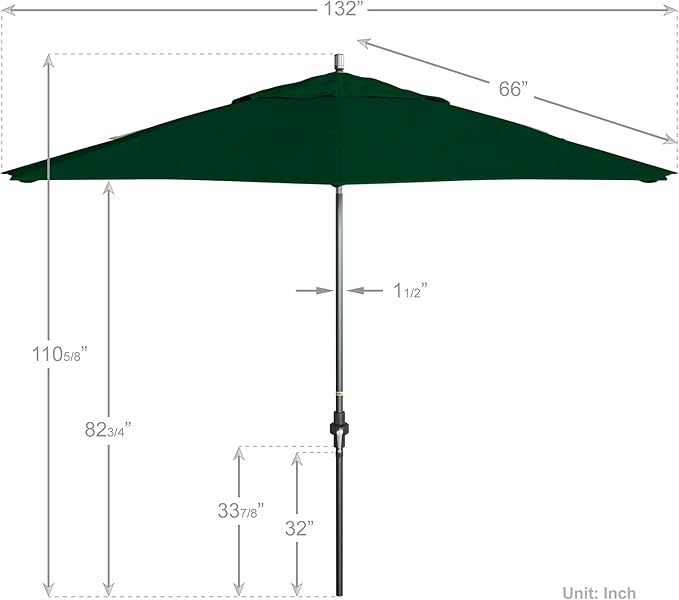 California Umbrella 11Ft Fiberglass Rib Patio Umbrella, Hand-Crank, Tilt-Collar, Gray Frame, Solution Dyed Hunter Green Fabric