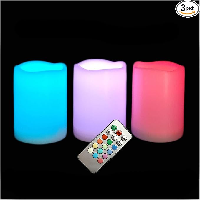 Outdoor Waterproof Color Changing Flameless LED Pillar Candles with Remote Battery Operated Plastic Decorative Multi-Color Lights for Halloween Christmas Party Centerpiece Decorations 3"x4" 3pack