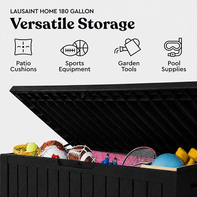 LAUSAINT HOME 180 Gallon Resin Deck Box, Package Delivery Box with Lockable Lid, Waterproof Outdoor Storage Box For Garden Tools, Patio Cushions(180 Gallon,Black)