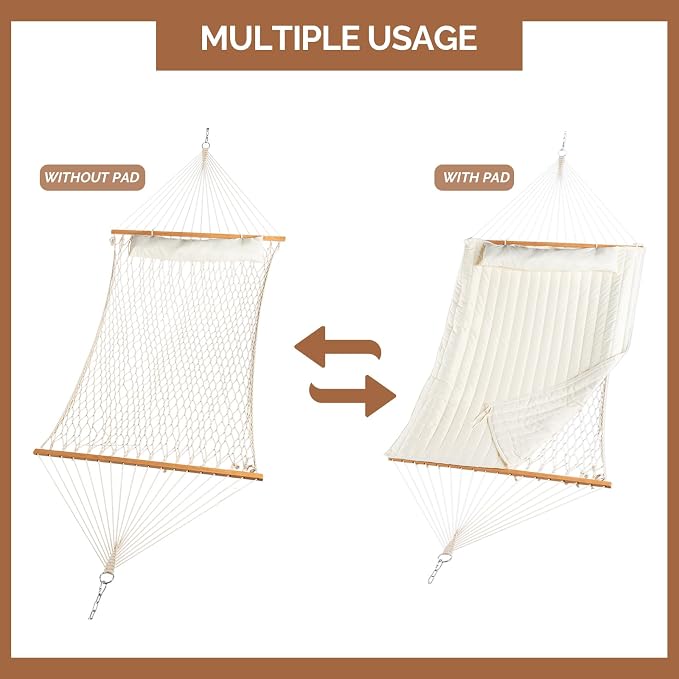 Outdoor Hammock with Stand Set,Double-Barrel Hammocks,Heavy Duty Adjustable Hammock Set,Hammocks Swing Chair Stand,with Soft Pillow,for Outside, Patio, Yard, Garden, Backyard, Camping (Beige)
