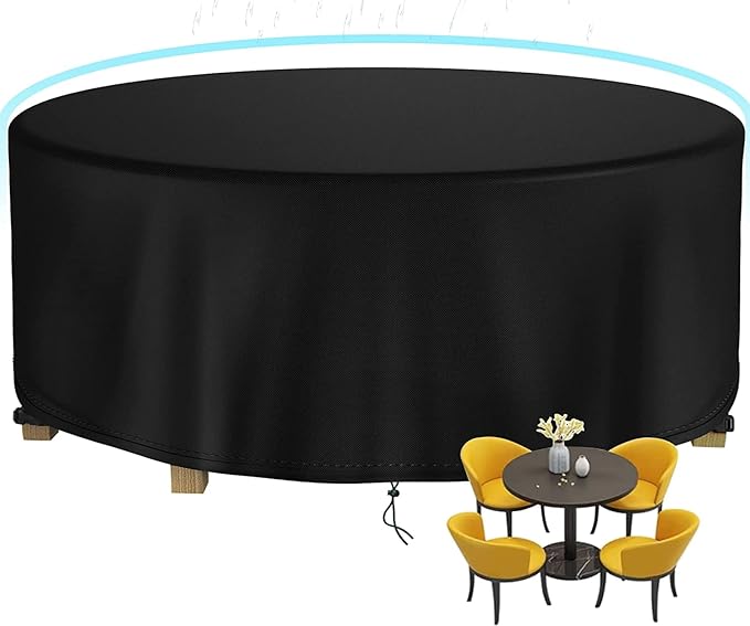 Round Patio Table Cover Waterproof, 85" Diax27.9" H Heavy Duty Oxford Fabric Outdoor Patio Furniture Cover Patio Table Chair Set Covers for Garden Round Table Dining Set, Black