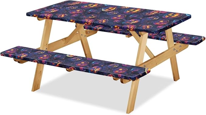 Halloween Picnic Table Cover with Bench Covers Washable Outdoor Camping Tablecloth Summer Abrasion Resistant Waterproof Picnic Table Cover 3 Piece Set