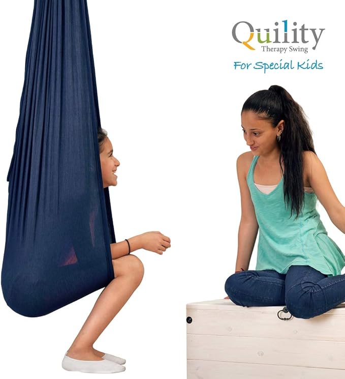 Quility Indoor Therapy Swing for Kids with Special Needs | Lycra Snuggle Swing | Cuddle Hammock for Children with Autism, ADHD, Aspergers | Ideal for Sensory Integration (Up to 77lbs, Dark Blue)