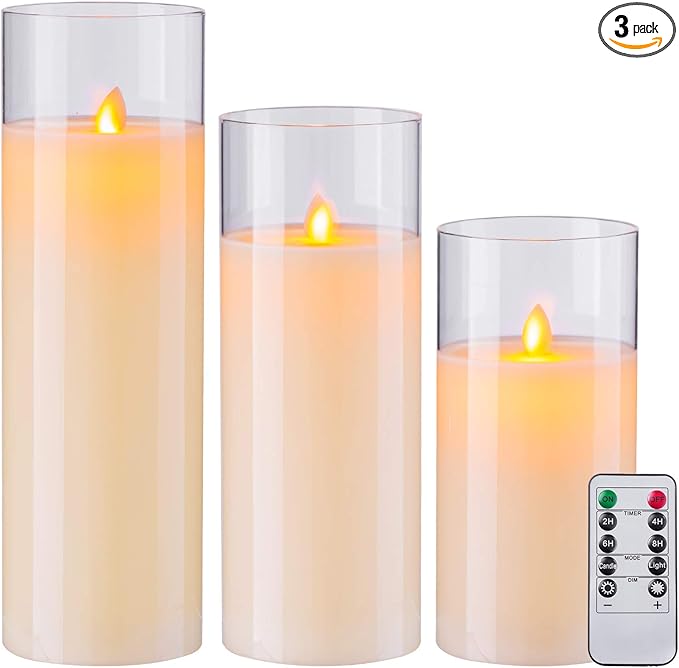 AKU TONPA Pack of 3 Flameless Candles Battery Operated Real Wax Glass Flickering LED Candle Sets with Remote Control Cycling 24 Hours Timer (3" x 8" 10" 12")
