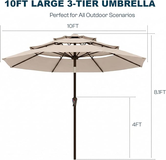 10ft Patio Umbrella, 3 Tier Outdoor Market Table Umbrellas with 8 Fiberglass Ribs and Push Button Tilt, Windproof, Vented Canopy, UV Protection for Deck, Pool, Backyard