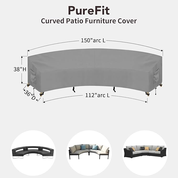 PureFit Outdoor Sectional Sofa Cover Waterproof Curved Patio Furniture Covers for Deck, Lawn and Backyard, 150Lx36Dx38Hx112FL, Grey