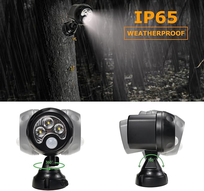 YCB2050 Battery Operated Motion Lights Outdoor, LED Motion Spotlight 5000K Daylight White, Wireless Security Light Uses 4 D-Cell Batteries (Not Included), Black