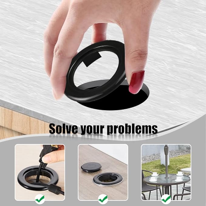 Prudiut 2 Inch Patio Table Umbrella Hole Ring and Cap Set, 2 Set Standard Umbrella Hole Ring Plug and Cap Set for Glass Outdoors Patio Garden Table Deck Yard (Black)