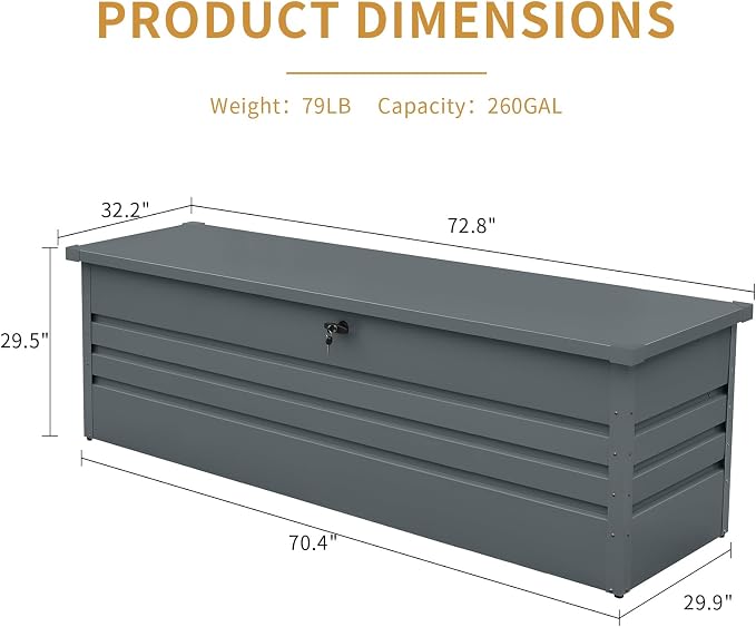260 Gallon Metal Outdoor Storage Box, Large Patio Storage Container | Lockable Deck Box, Hydraulic Lid, Weather Resistant, For Furniture Cushions, Garden Tools, Pool Accessories