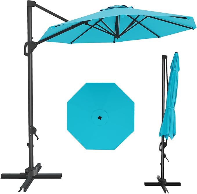 GarveeLife 10 ft Cantilever Umbrella Outdoor Patio Umbrella w/Base Included Market Offset Umbrella Sun Shade Windproof with 360-Degree Rotation for Patio Garden Deck Pool, Turquoise Blue