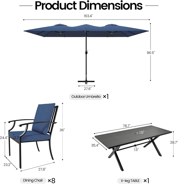 10 PCS Outdoor Patio Dining Set with 13.6ft Double-Sided Patio Umbrella,Patio Table and Chairs Metal Outdoor Patio Furniture Set,Dining Table Set with 8 Chairs,Navy Blue