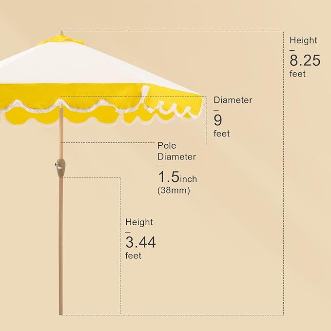 Tempera 9ft Scalloped Patio Umbrellas with Fringe, Market Umbrellas with Water-Resistant and Fade Resistant Canopy, 1.5" Wood Pole & Button Tilt.