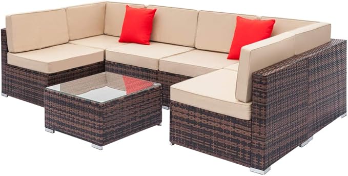 7 Pieces Outdoor Patio Furniture Set Rattan Sofa Brown Wicker Patio Conversation Set with Cushions,Outdoor Patio Furniture Sets, Outdoor Couch, Sofa Patio Sets for Yard Balcony Poolside w/Coffee Table