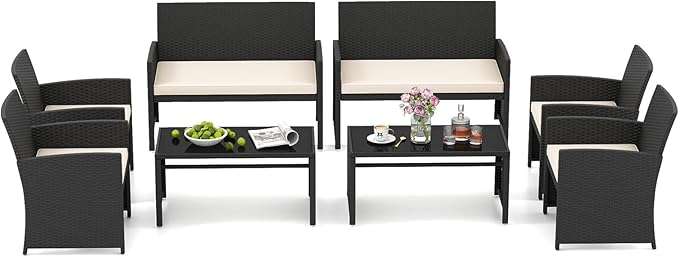 HAPPYGRILL 4 Piece Rattan Wicker Patio Conversation Set, Outdoor Furniture with Chair Loveseat Table & Cushion, for Backyard Porch Balcony (2, Black & Off White)