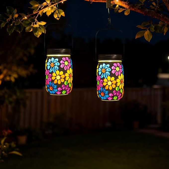 Stargarden 4Pack Mosaic Solar Lantern ,Mosaic Lights ,Outdoor Hanging Jar Lights ,Waterproof Solar Lamps for Tree, Garden, Patio, Yard, Outdoor(Flower)