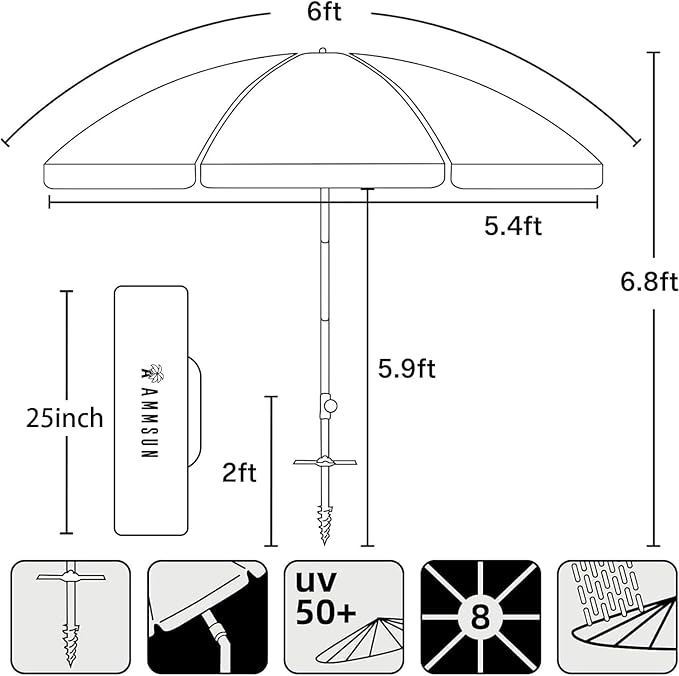 AMMSUN 6ft Folded Portable Travel Beach Umbrella with Sand Anchor Tilt Air vent UPF 50+UV Protection Fit In Suitcase Compact Foldable Telescopic umbrellas for Patio Garden Beach Pool Sky Blue