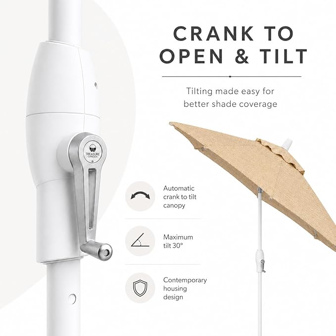 Treasure Garden 9ft Patio Umbrella - Outdoor Furniture Market Umbrella – Deluxe Auto-Tilt – White Aluminum Frame (Sunbrella, Antique Beige)