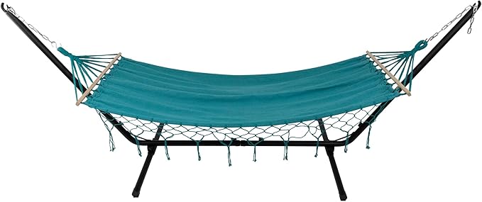 Hammock with Netted Fringe and Wooden Bars - 100" x 41" - Teal Green